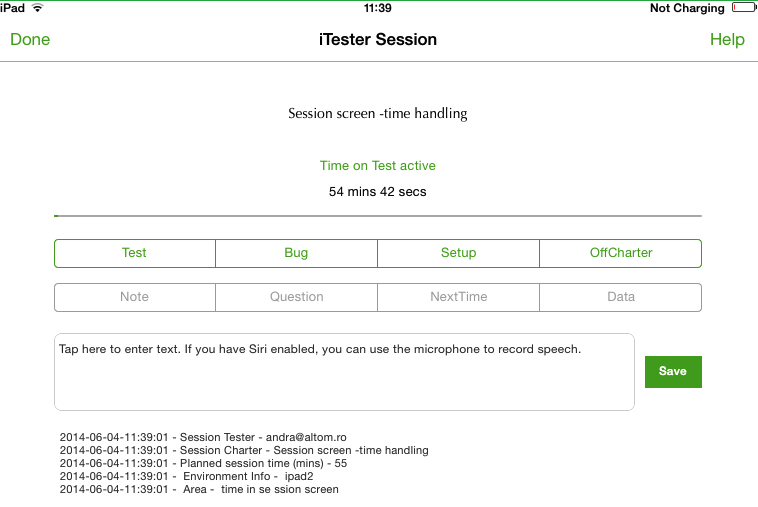 the iTester session screen