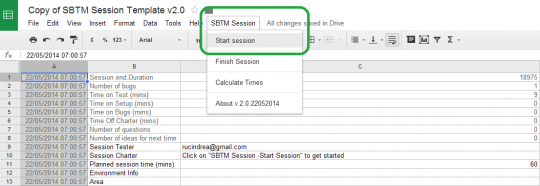 start session submenu in SBTM session template