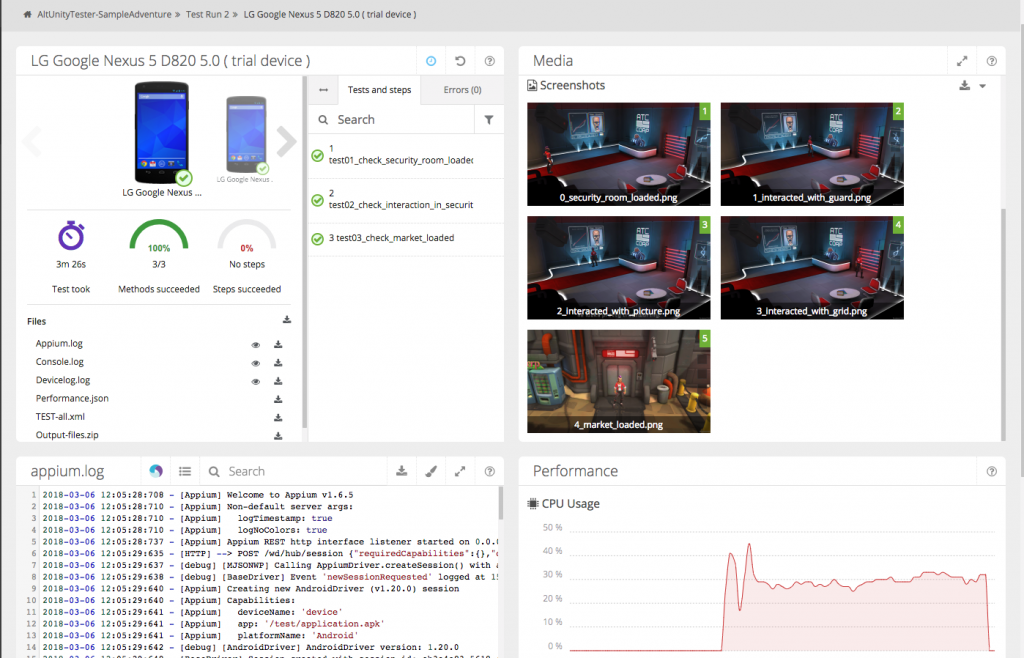 Screenshot of test results using AltUnityTester in Testdroid cloud
